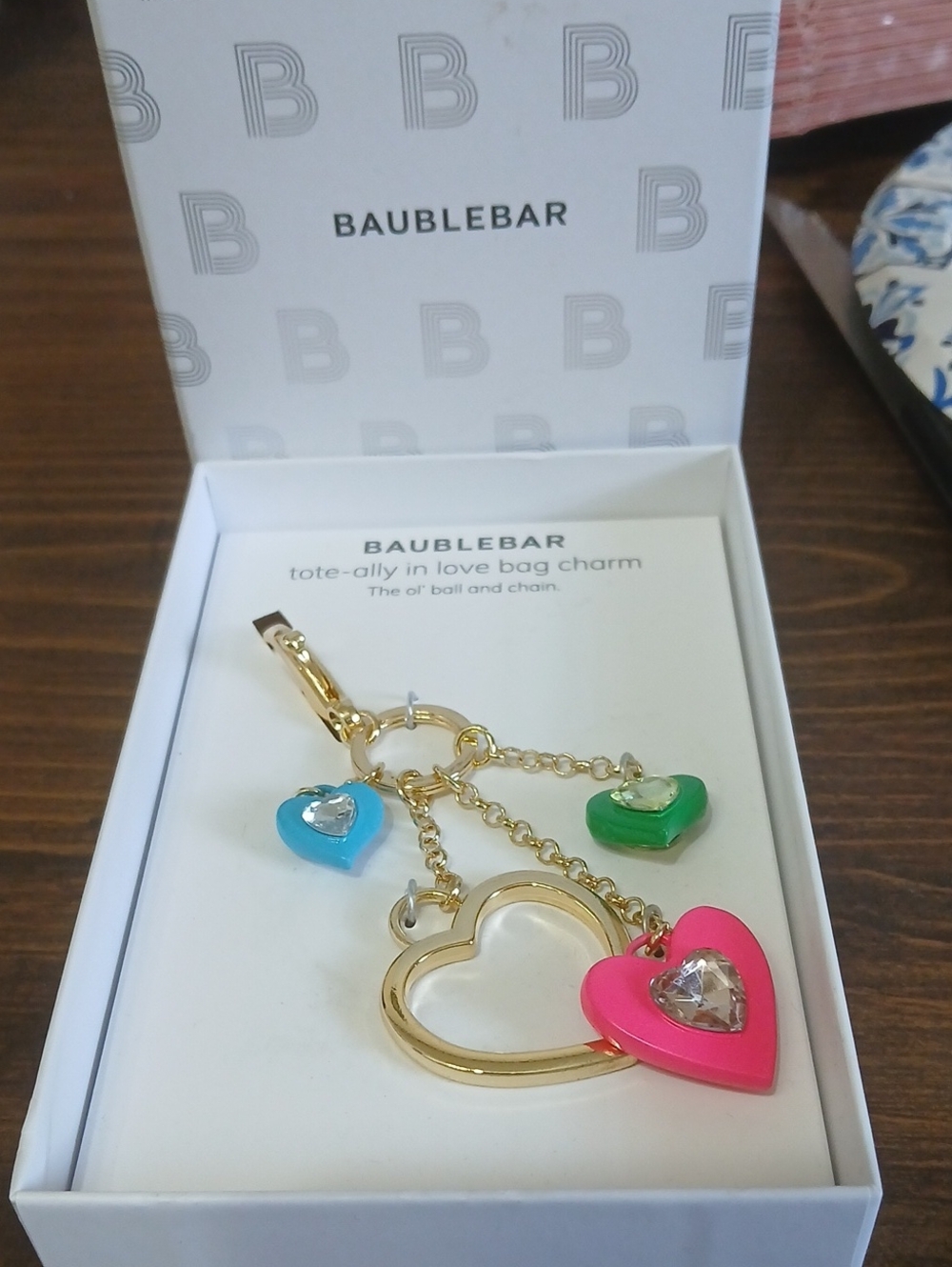 BaubleBar Gold-Tone Heart Charm Bag Charm with Pink, Blue & Green Hearts